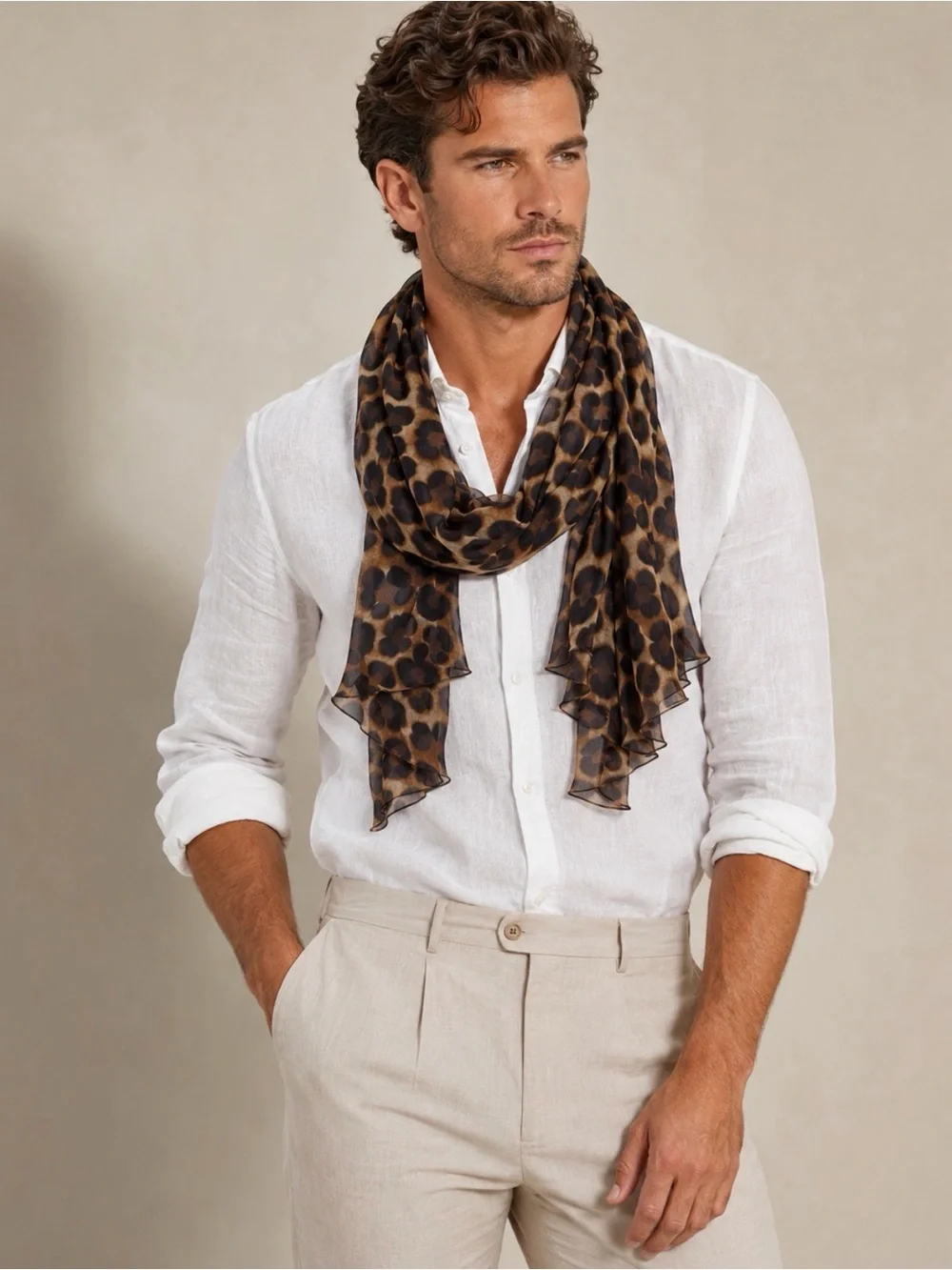Ralph Lauren Leopard Print Silk  Chiffon Sheer Scarf NWT Mens Unisex Ruffle Wrap